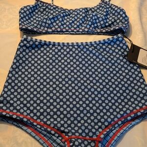 Polka Dot High-Waisted Bikini Set - Blue and White